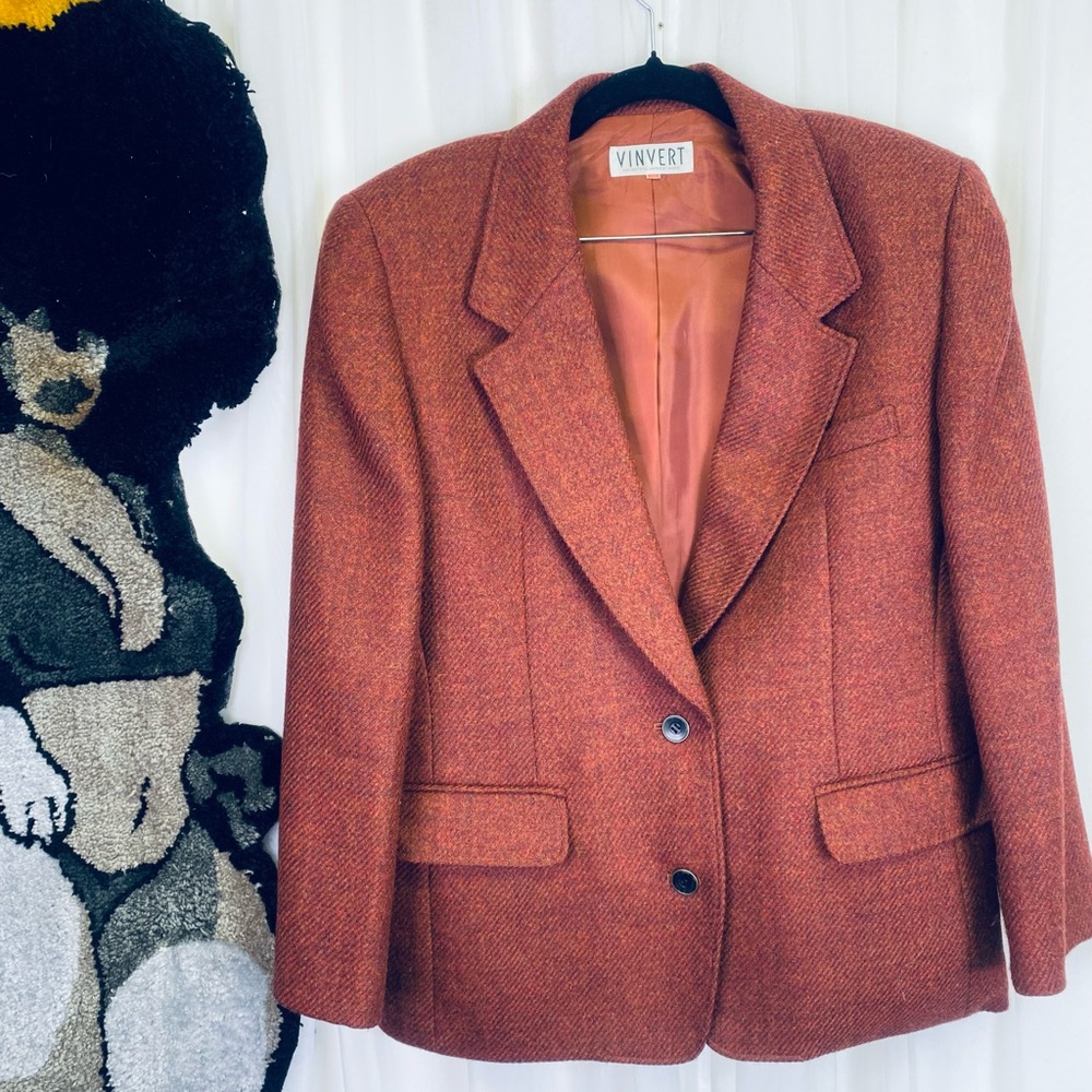 Vintage VINVERT Wool Rust Orange Herringbone Blazer 100% Wool